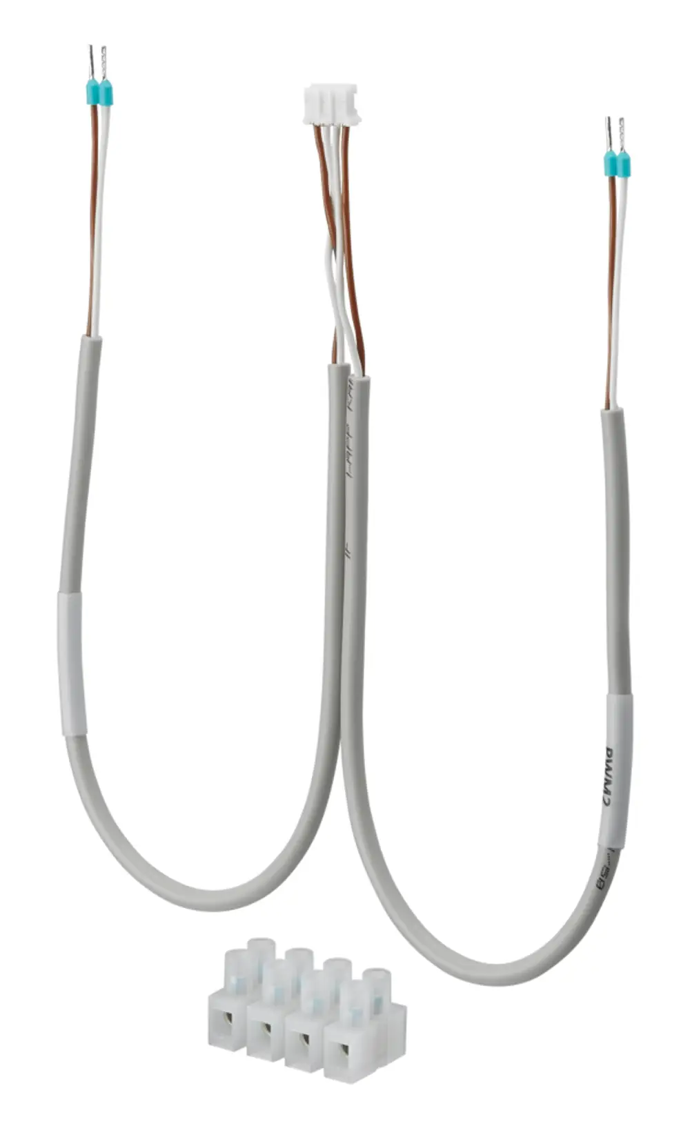 Graues Kabel mit zwei Adernpaaren mit blauen Steckern, verbunden mit einem weißen Stecker und mehreren durchsichtigen Verbindungsügern, hergestellt von Oventrop.